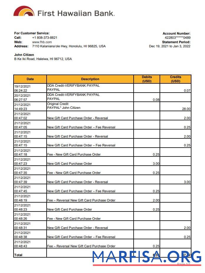 Blank Hawaii First Hawaiian bank statement excel example